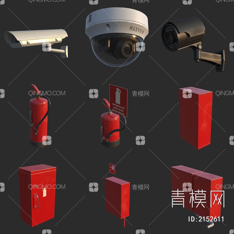 消防用品 监控摄像头 消防设备灭火器 消防栓3D模型下载【ID:2152611】