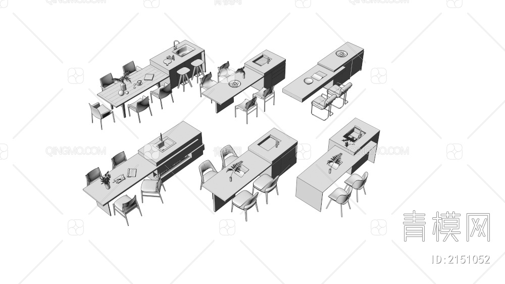 中岛台餐桌椅组合3D模型下载【ID:2151052】