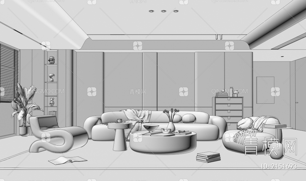 客厅 沙发茶几组合 休闲沙发椅 饰品摆件 背景墙3D模型下载【ID:2151693】