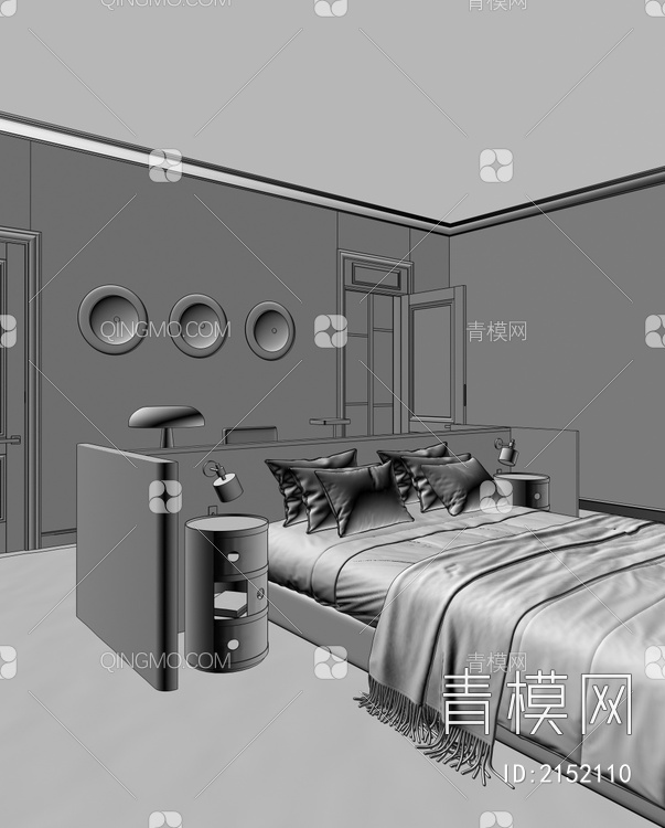 卧室 床 床头柜 壁灯 台灯 门3D模型下载【ID:2152110】