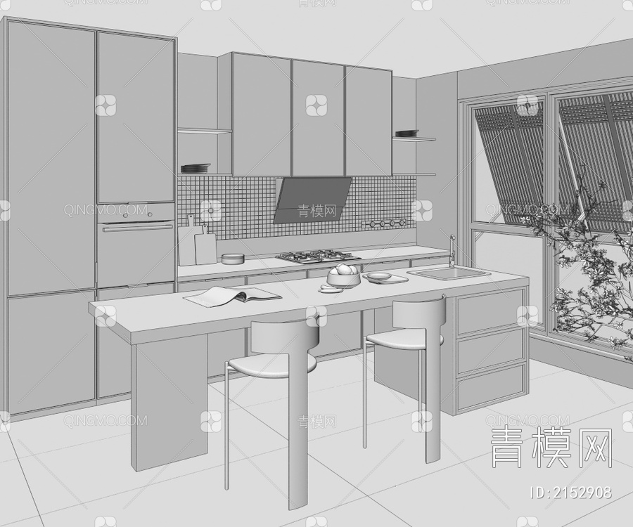 餐厅 开放式厨房 吧台 吧台椅3D模型下载【ID:2152908】