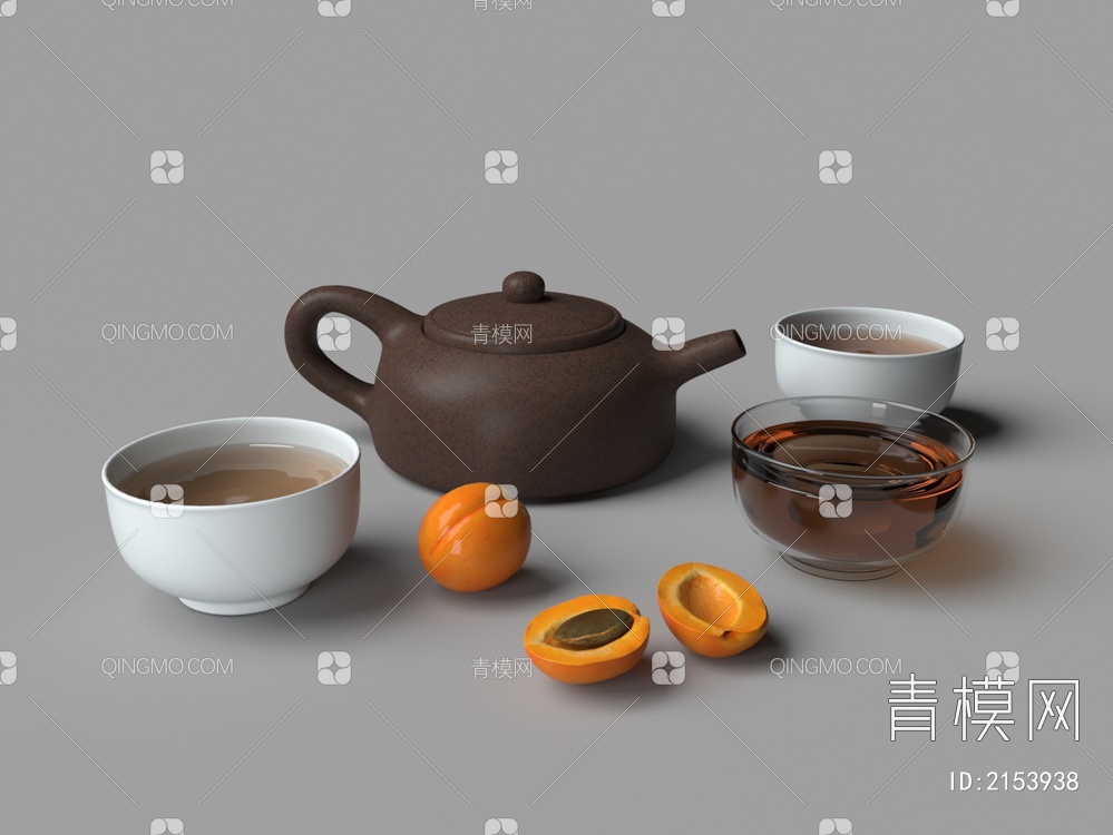 紫砂茶壶 白瓷茶杯 玻璃茶杯 熟杏3D模型下载【ID:2153938】