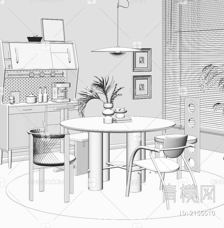 餐厅 餐桌椅 餐边柜组合3D模型下载【ID:2155510】