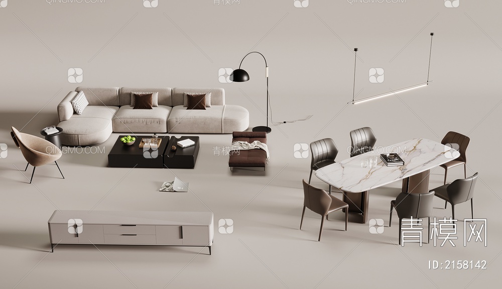 沙发茶几组合 餐桌椅 电视柜3D模型下载【ID:2158142】