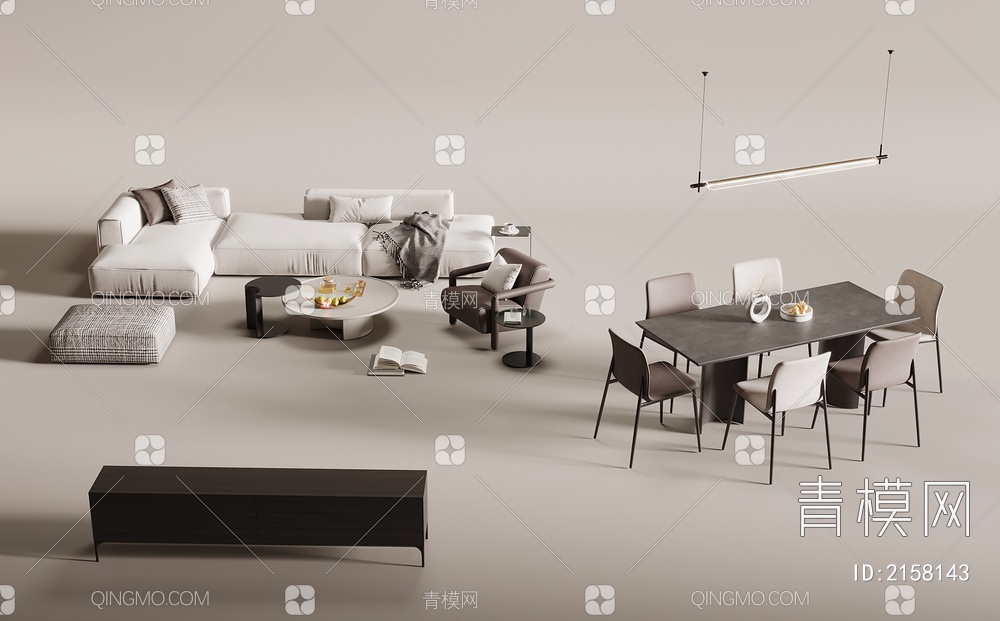 沙发茶几组合 餐桌椅 电视柜 吊灯3D模型下载【ID:2158143】