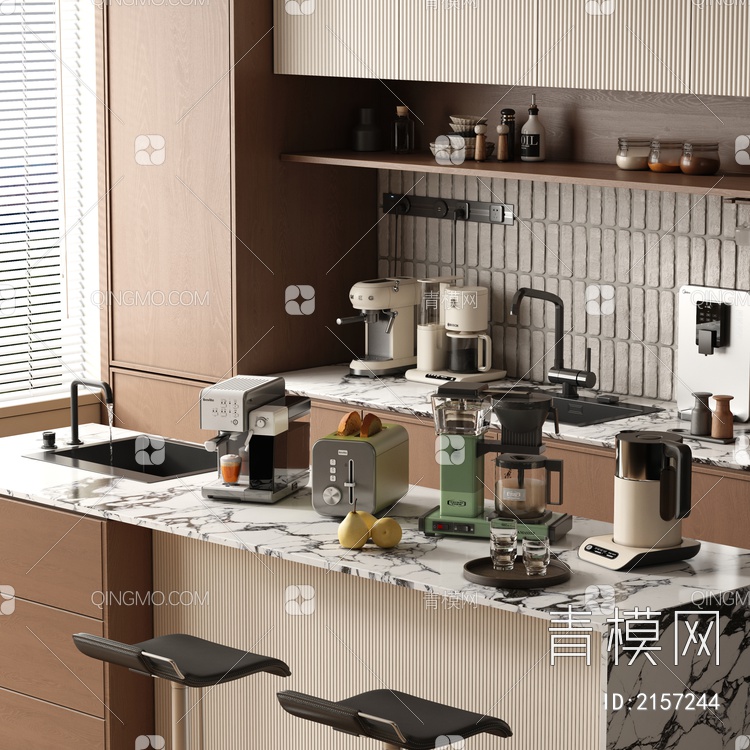 咖啡机电器组合 咖啡机 橱柜 吧椅3D模型下载【ID:2157244】