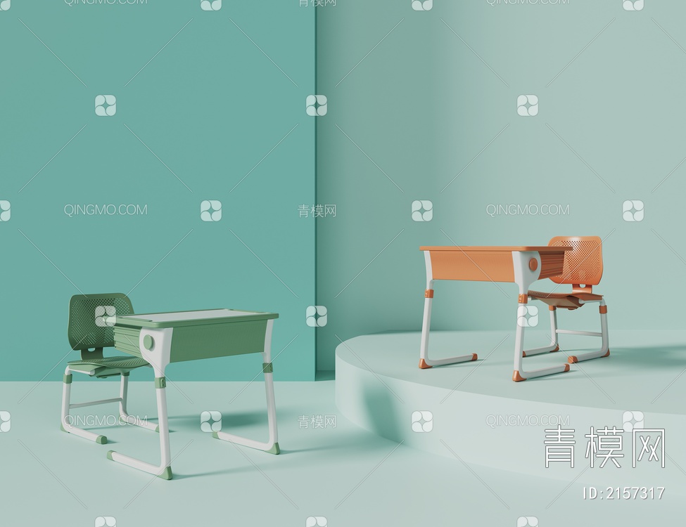绿色橙色课桌椅3D模型下载【ID:2157317】