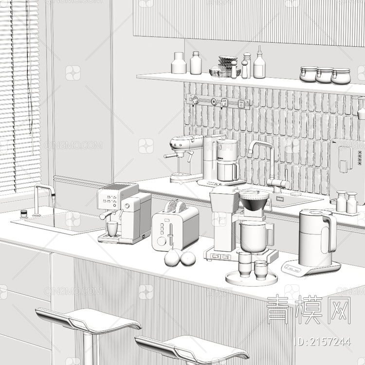咖啡机电器组合 咖啡机 橱柜 吧椅3D模型下载【ID:2157244】