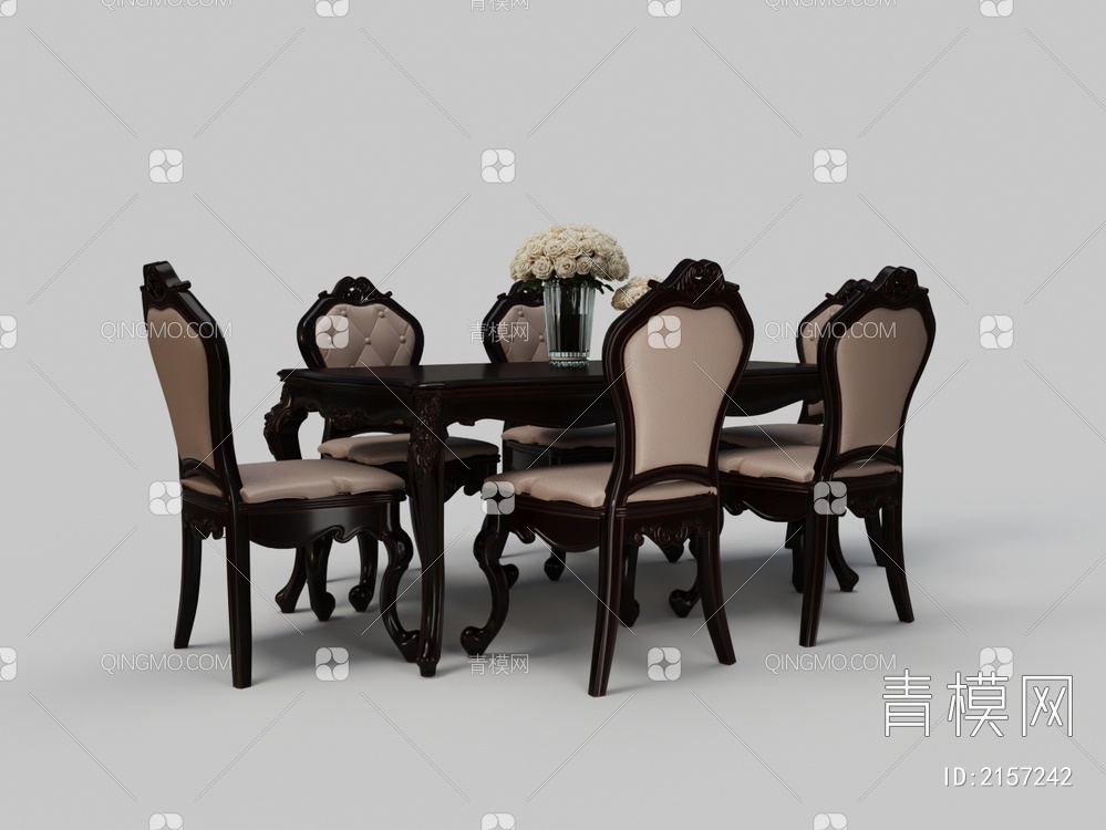 红木雕花餐桌椅组合3D模型下载【ID:2157242】
