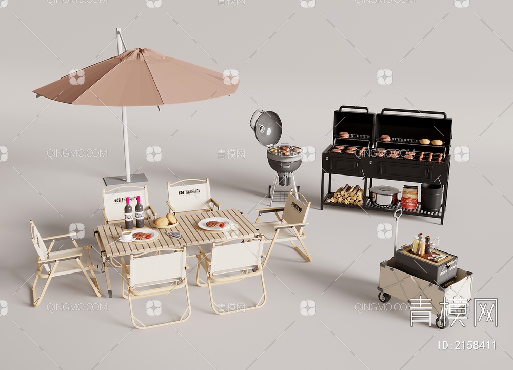烧烤炉 户外餐桌椅 遮阳扇3D模型下载【ID:2158411】