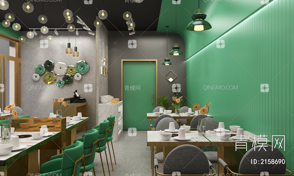 绿色主题火锅店 食材餐具桌椅 花卉绿植 创意灯具3D模型下载【ID:2158690】