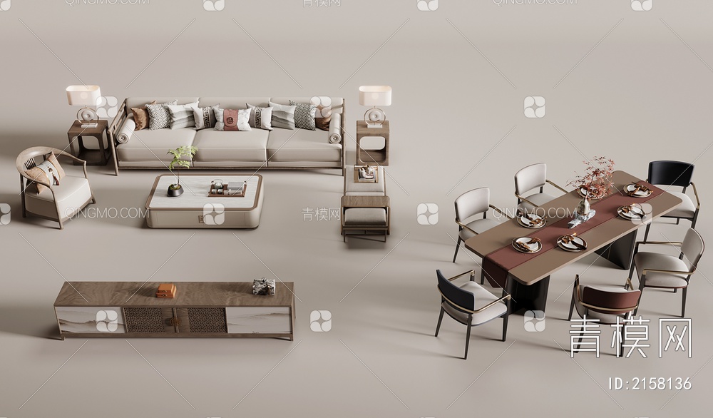 沙发茶几组合 餐桌椅 电视柜3D模型下载【ID:2158136】
