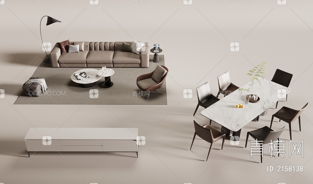 沙发茶几组合 餐桌椅 电视柜3D模型下载【ID:2158138】