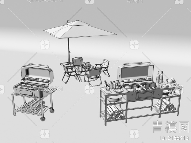 烧烤炉 户外餐桌椅 遮阳扇3D模型下载【ID:2158413】