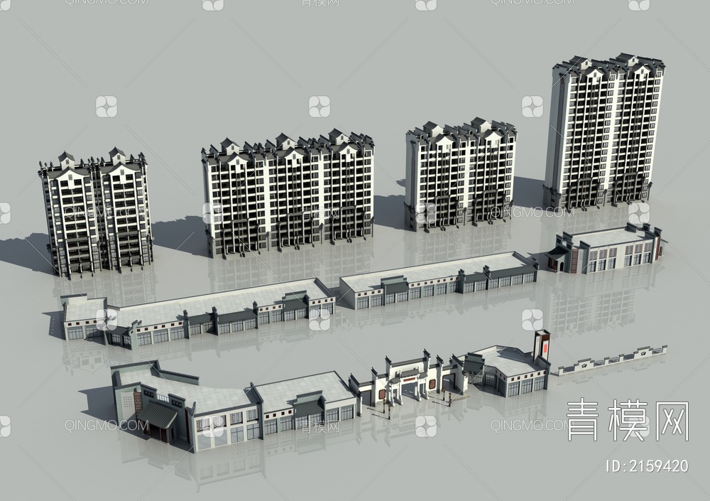 徽派 整套 住宅小区 建筑及配套建筑3D模型下载【ID:2159420】