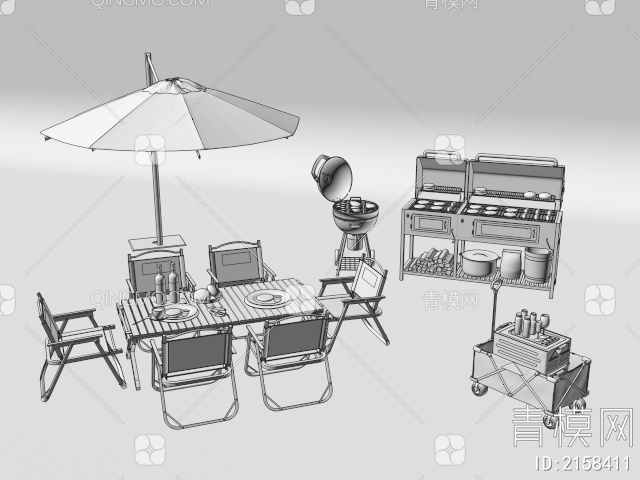 烧烤炉 户外餐桌椅 遮阳扇3D模型下载【ID:2158411】