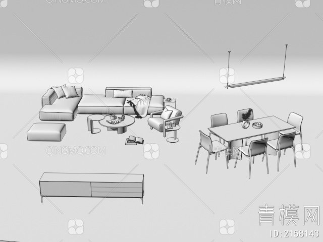沙发茶几组合 餐桌椅 电视柜 吊灯3D模型下载【ID:2158143】