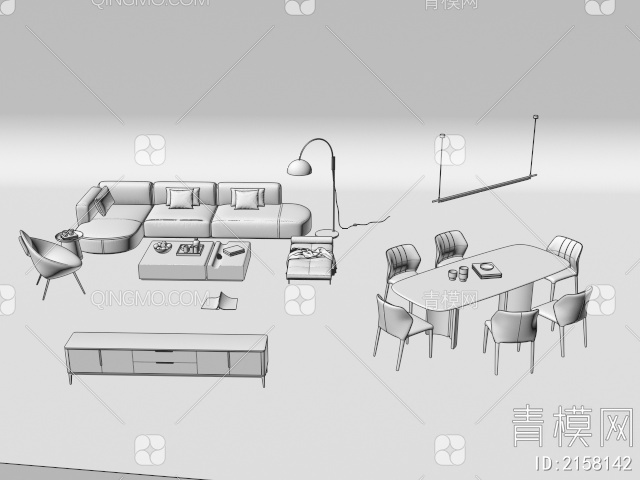 沙发茶几组合 餐桌椅 电视柜3D模型下载【ID:2158142】