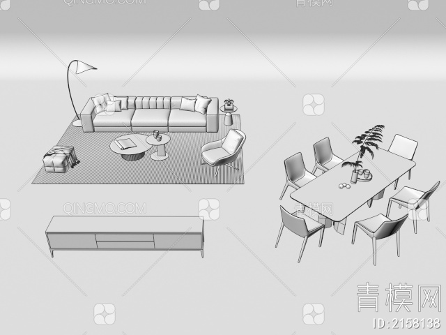 沙发茶几组合 餐桌椅 电视柜3D模型下载【ID:2158138】