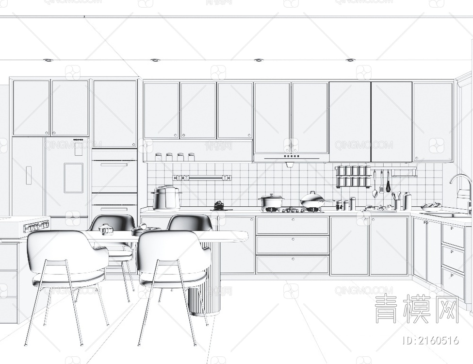 开放式厨房 岛台餐桌椅 岛台餐桌 橱柜3D模型下载【ID:2160516】