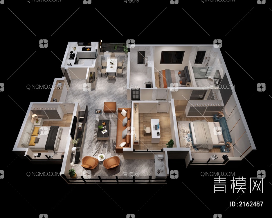 鸟瞰图样板房 客厅 卧室 卫生间 厨房 大平层3D模型下载【ID:2162487】