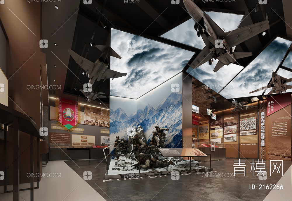 军事博物馆 军人雕塑 展示柜 互动触摸一体机 战机 导弹3D模型下载【ID:2162266】
