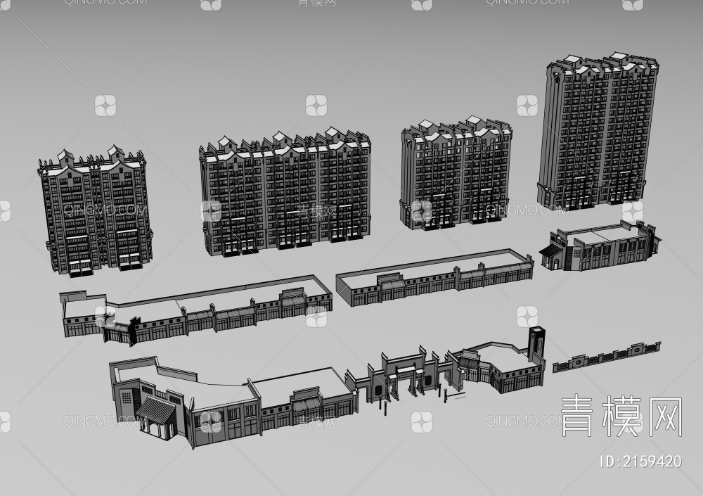 徽派 整套 住宅小区 建筑及配套建筑3D模型下载【ID:2159420】