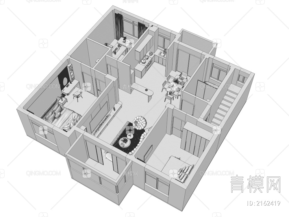 家装俯视图 样板房 鸟瞰图 客餐厅 卧室 卫生间 沙发电视柜组合  大平层3D模型下载【ID:2162419】