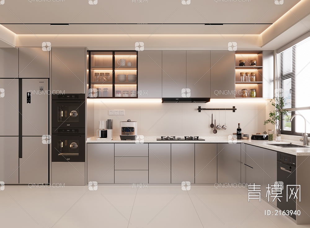 厨房 敞开厨房 不锈钢饰面橱柜 橱柜 厨房电器3D模型下载【ID:2163940】