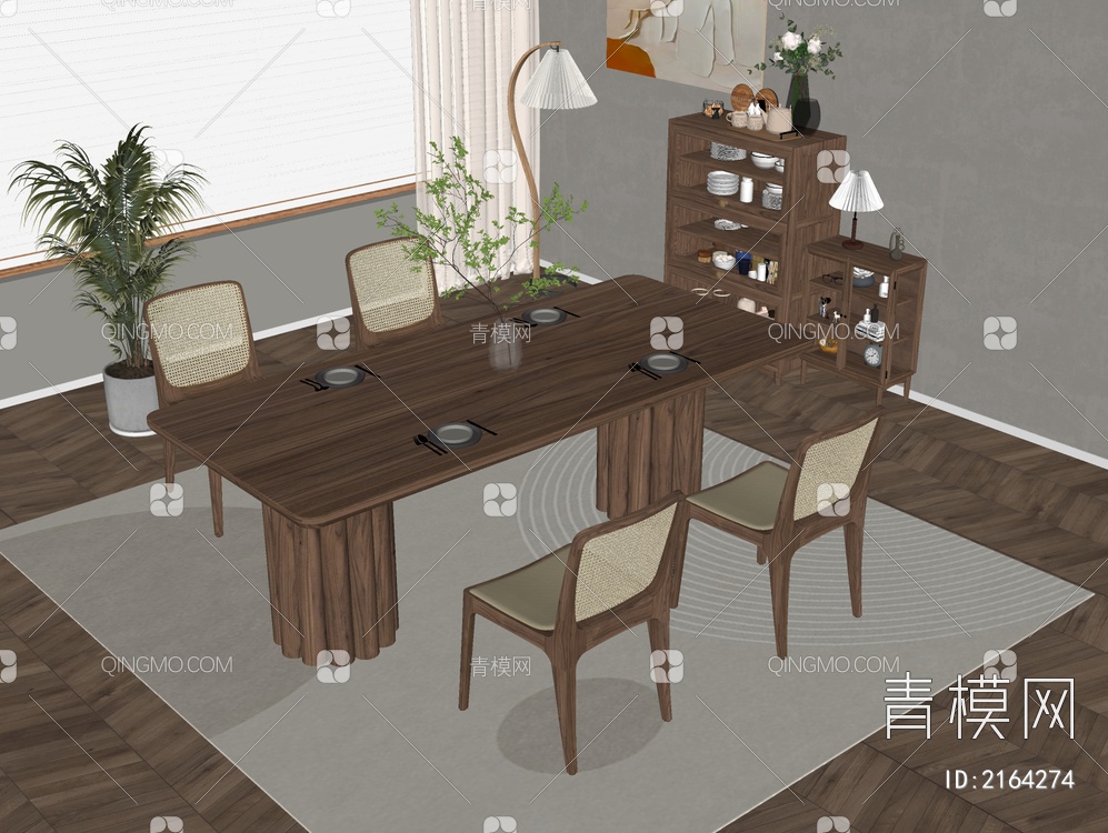 实木餐桌椅组合SU模型下载【ID:2164274】