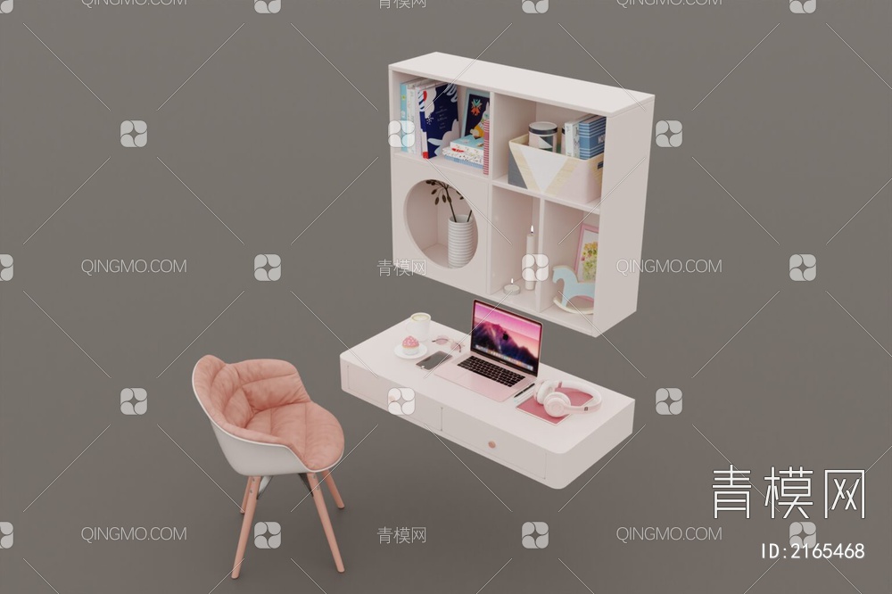 粉白色儿童书桌椅3D模型下载【ID:2165468】