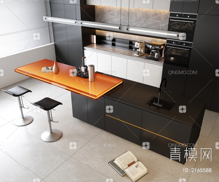 黑白开放式厨房吧台椅组合 亚克力吧台 黑白厨房3D模型下载【ID:2165588】