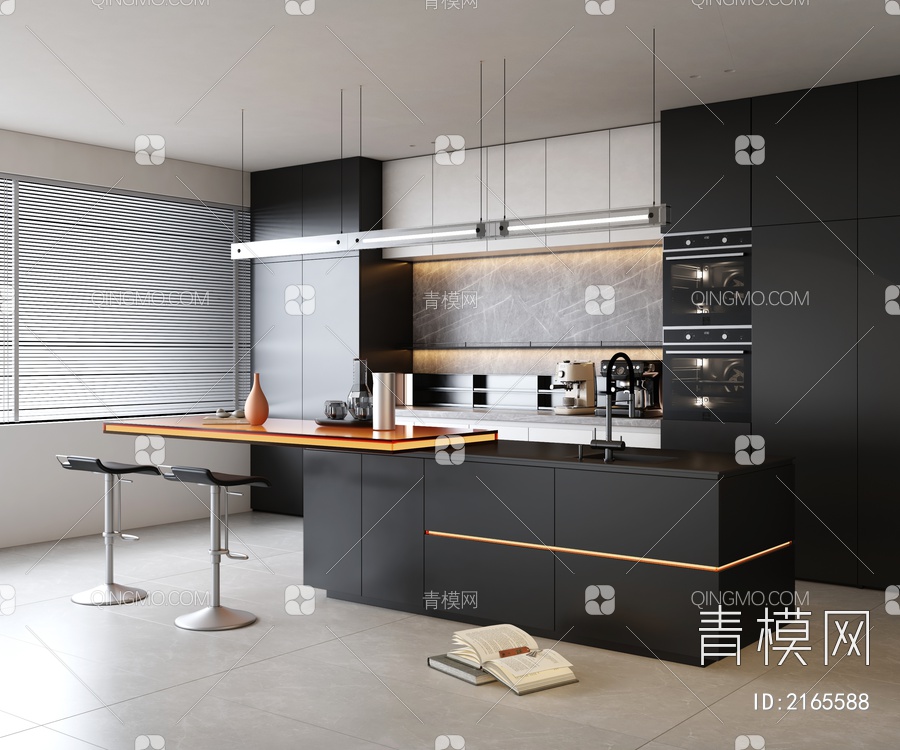 黑白开放式厨房吧台椅组合 亚克力吧台 黑白厨房3D模型下载【ID:2165588】
