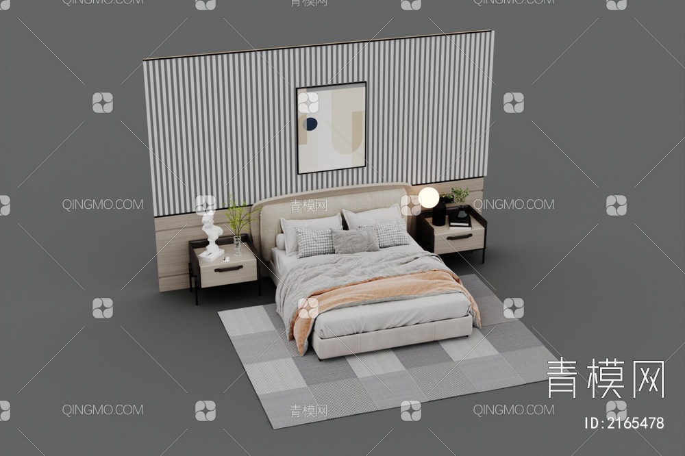 米灰色双人床床头柜床背景一体组合3D模型下载【ID:2165478】