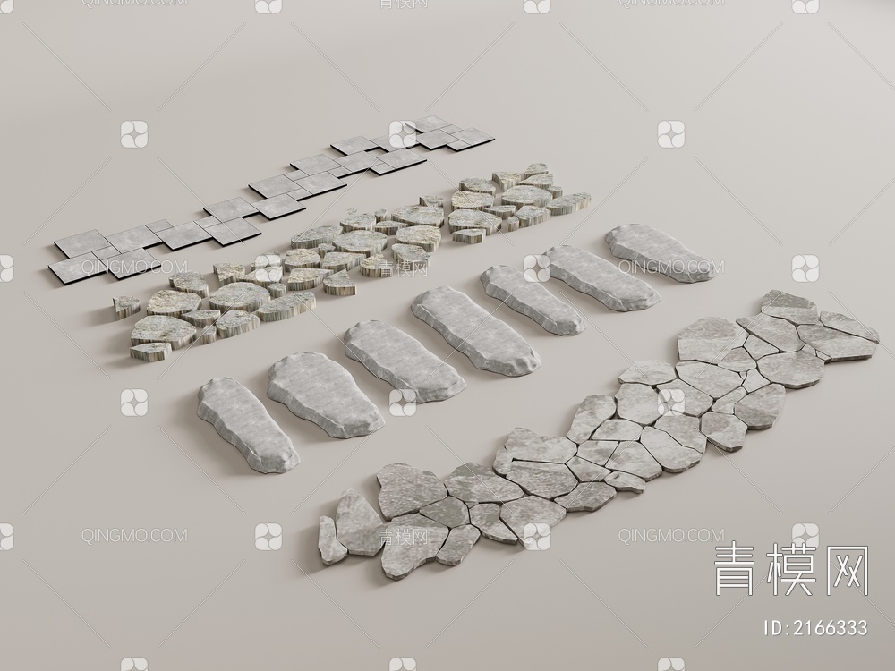 石板汀步 景观园路 自然面石材3D模型下载【ID:2166333】