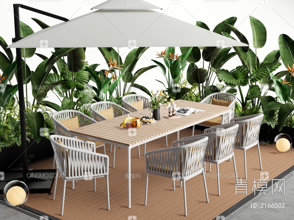 庭院户外桌椅 藤编桌椅 植物组合 遮阳伞3D模型下载【ID:2166502】