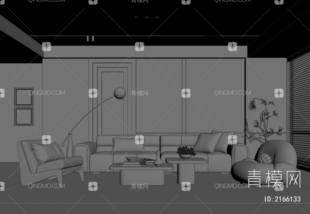 客厅 沙发茶几组合 休闲沙发椅 饰品摆件 背景墙3D模型下载【ID:2166133】