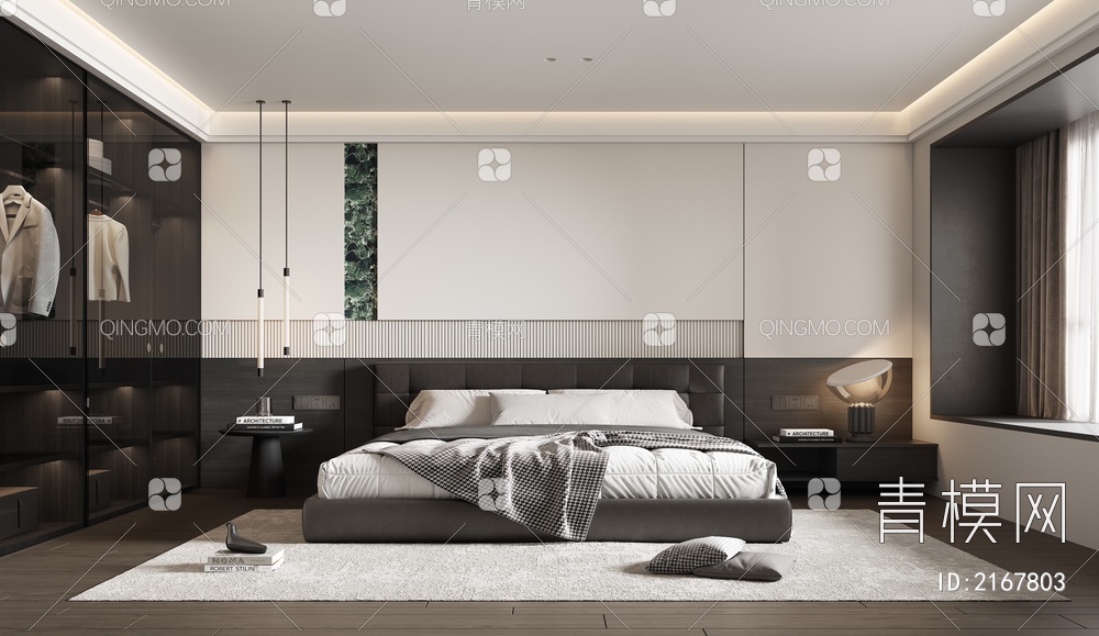 家居卧室 双人床  床头柜 吊灯 背景墙3D模型下载【ID:2167803】