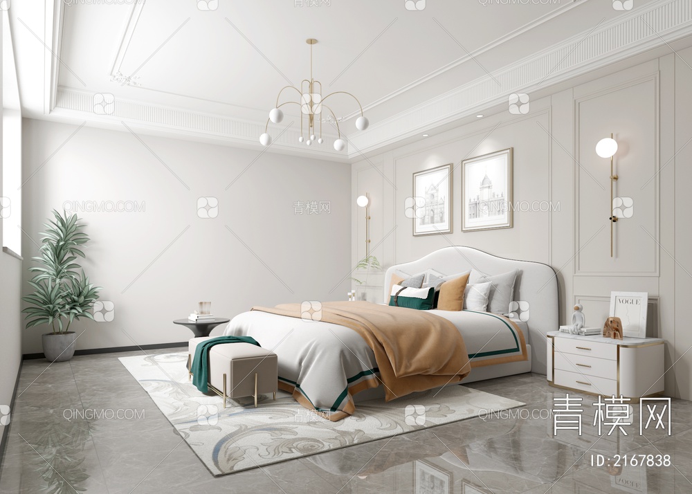 卧室  双人床 床头柜 挂画 地毯3D模型下载【ID:2167838】