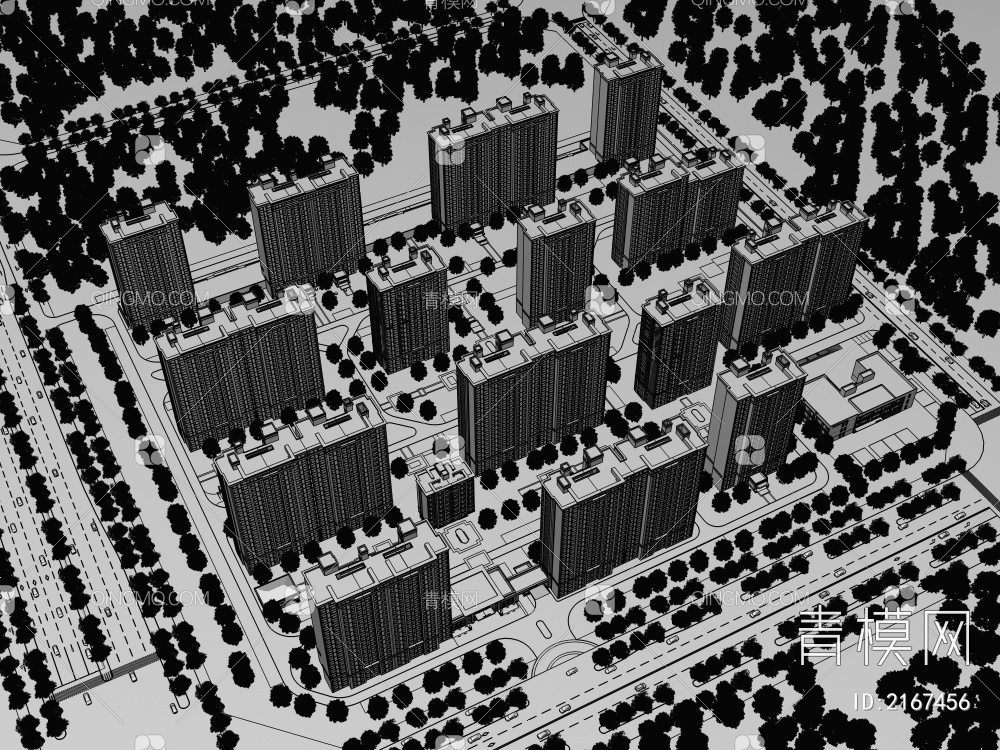 住宅 小区 鸟瞰 规划3D模型下载【ID:2167456】