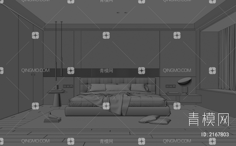 家居卧室 双人床  床头柜 吊灯 背景墙3D模型下载【ID:2167803】