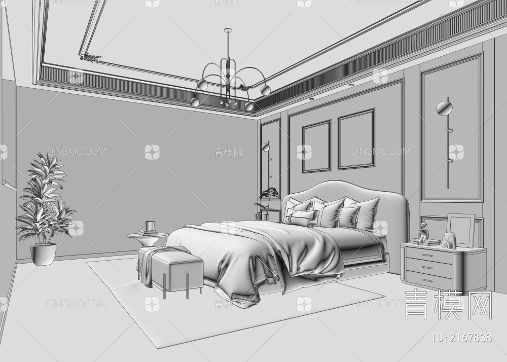 卧室  双人床 床头柜 挂画 地毯3D模型下载【ID:2167838】