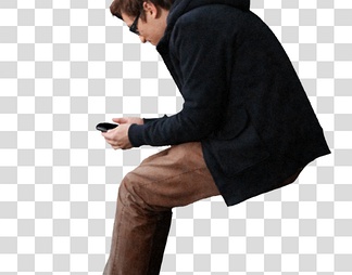 侧面平视坐着双手玩手机的男人
