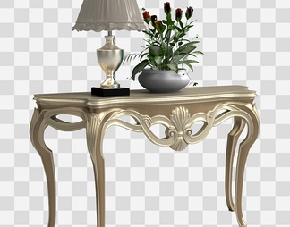 玄关桌有雕花带台灯和盆栽