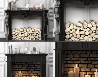 壁炉木头蜡烛饰品组合