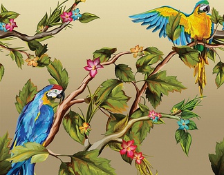 彩色花鸟手绘墙贴图