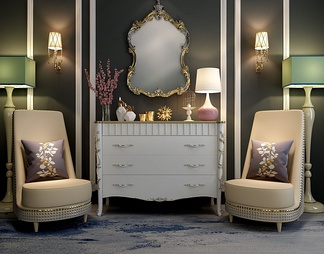 优雅白色柜子沙发镜子灯具组合