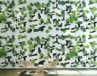 异形造型垂直绿化植物墙休闲藤椅组合