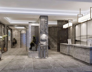 关键字: 新中式黄 前台大堂酒店空间3d模型 大厅