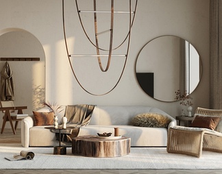 沙发茶几组合 装饰品 摆件 吊灯 镜子 台灯 植物 背景墙 休闲沙发
